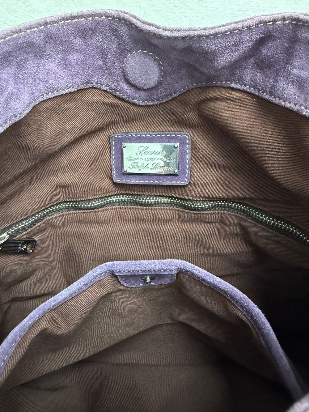 Lauren Ralph Lauren Putnam Signature Violet Purple Suede Leather Tote Bag Crest - Picture 14 of 16